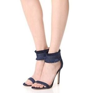 Sam Edelman Anabeth Denim Fringe 4" Heels Sandals Womens Size 8.5 Open Toe Zip